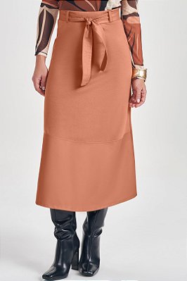 Saia Midi Ocre Em Malha Bodycon Com Recortes Em PU - 105374