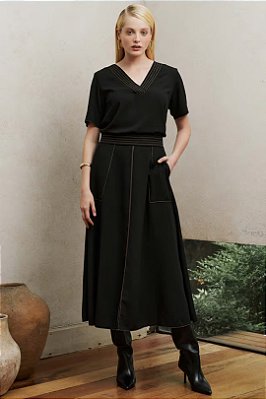Conjunto De Saia Maxi Midi Preta Com Pespontos Caqui Simple Life - 15191