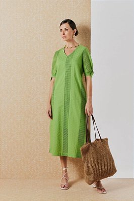 Vestido Maxi Midi Verde Em Laise Bordado Com Fendas Laterais - 5548