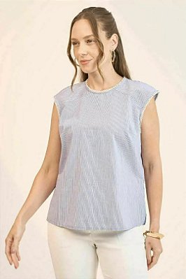 Blusa Plus Size Sem Manga Listrada Em Algodão Com Renda - 22405