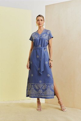 Vestido Maxi Midi Azul Com Bordado Em Fio Metalizado E Acompanha Faixa - 5588