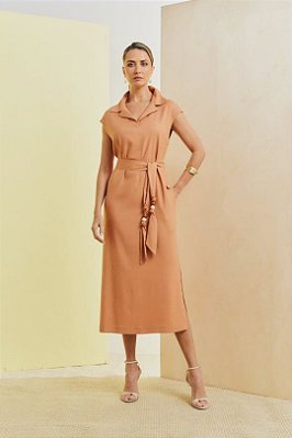 Vestido Plus Size Midi Ocre Em Viscolinho Com Elastano Acompanha Cinto - 5587