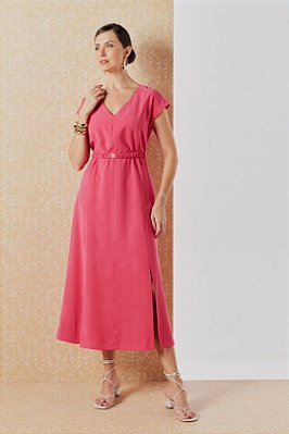 Vestido Maxi Midi Pink Com Fendas Frontais E Acompanha Cinto - 5582