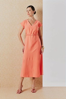 Vestido Plus Size Maxi Midi Salmão Com Fendas Frontais E Acompanha Cinto - 5582