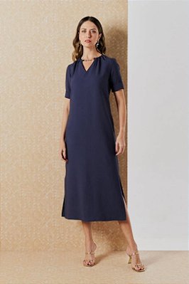 Vestido Midi Azul Em Viscopoly Decote Gota Com Detalhe De Corrente - 5556