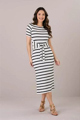 Vestido Midi Listrado De Preto E Off White Com Faixa Tatá Martello - 05356