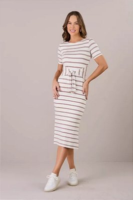 Vestido Midi Listrado De Marrom E Off White Com Faixa Tatá Martello - 05356