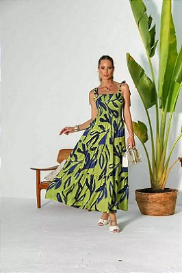 Vestido Maxi Midi Estampado Em Viscose Com Lastex No Busto - 240465