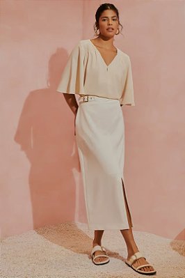 Saia Plus Size Maxi Midi Off White Com Fenda Frontal Simple Life - 15310