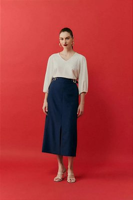 Saia Plus Size Maxi Midi Azul Com Fenda Frontal Simple Life - 15310