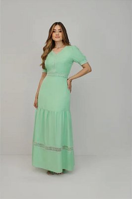 Vestido Longo Verde Em Viscose Com Detalhe Em Guipir Nítido Jeans - 03609