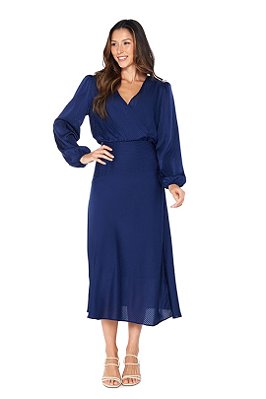 Vestido Midi Transpassado Azul Em Crepe Texturizado Com Toque De Seda - 02298
