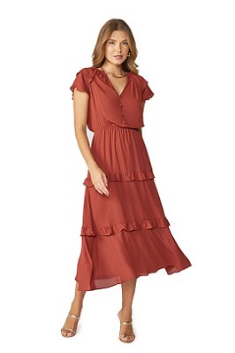 Vestido Maxi Midi Marrom Claro Em Crepe Duas Marias Com Botões Frontais - 02288