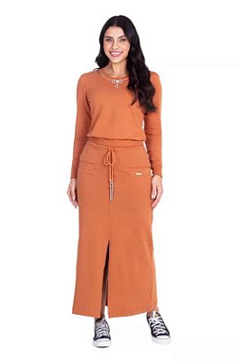 Conjunto De Saia Plus Size Maxi Midi Caramelo Em Moletinho Hapuk - 021584