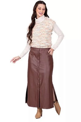 Saia Plus Size Maxi Midi Marrom Em Couro Ecológico Com Botões Encapados Hapuk - 039184