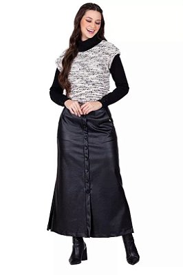 Saia Plus Size Maxi Midi Preta Em Couro Ecológico Com Botões Encapados Hapuk - 039184