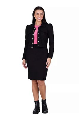Conjunto Plus Size De Saia E Jaqueta Em Viscolinho Preta Hapuk - 049410