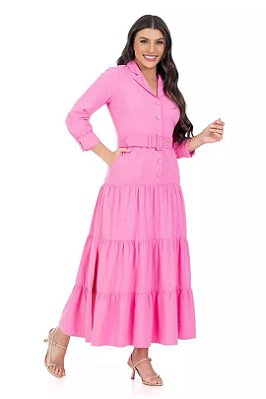 Vestido Maxi Midi Rosa Em Linho Acompanha Cinto Hapuk - 060974