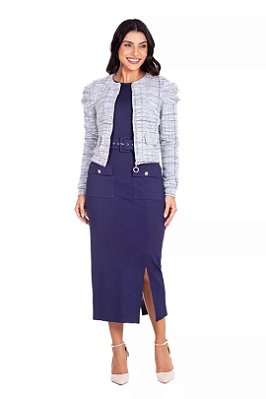 Jaqueta Plus Size Em Malha Tweed Com Lurex Azul Com Off White Hapuk - 021548