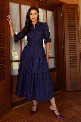 Vestido Maxi Midi Azul Marinho Em Laise Acompanha Faixa Jany Pim - V50101029