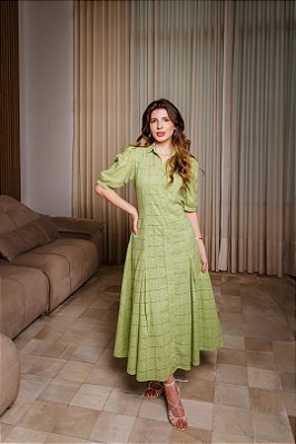 Vestido Plus Size Maxi Midi Verde Em Laise Com Botões Frontais Dazul - 4727