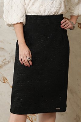 Saia Plus Size Reta Preta Com Fios De Lurex Em Malha Jacquard Dazul - 5637