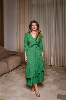 Vestido Maxi Midi Verde Transpassado Acompanha Faixa Dazul - 4679