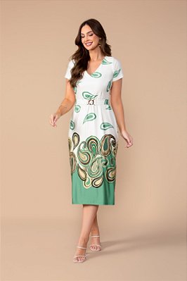 Vestido Midi Off White Com Estampa Em Tons De Verde Acompanha Cinto Clamila - 10757