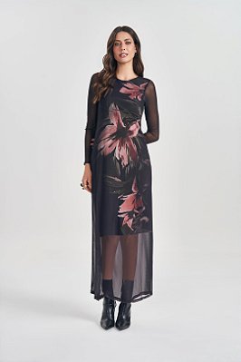 Vestido Maxi Midi Preto Com Estampa Em Tule De Manga Longa Doce Trama - 105324