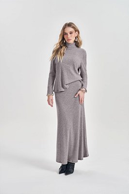 Conjunto De Saia Maxi Midi Cinza Em Malha Tricot Com Fios De Lurex Doce Trama - 105345