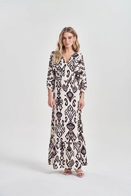 Vestido Maxi Midi Estampado Em Viscose Manga 3/4 Doce Trama - 105291