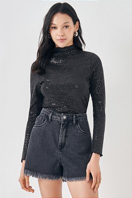 Blusa Preta De Manga Longa Em Malha Com Brilho Doce Trama - 300575
