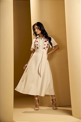 Vestido Maxi Midi Cru Godê Em Viscolinho Com Bordado Titanium - 27883