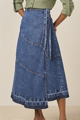 Saia Maxi Midi Jeans Envelope Com Recortes E Barra Desfeita Titanium - 27807