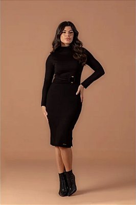 Vestido Midi Preto Em Tricot De Manga Longa Com Detalhe De Argola Hadaza - 051403