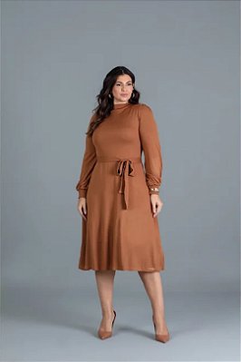 Vestido Plus Size Midi Caramelo Em Tricot Acompanha Faixa Hadaza - 051435