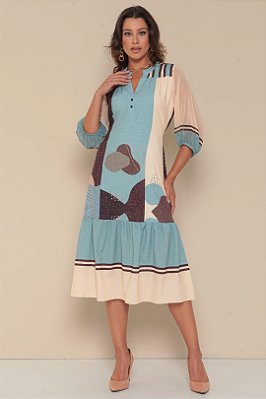 Vestido Midi Estampado Em Toque De Seda E Manggas Em Chiffon - 15537