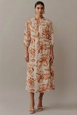 Vestido Maxi Midi Estampado Em Crepe Com Botões Frontais Decorativos Simple Life - 15343