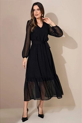 Vestido Maxi Midi Preto Em Chiffon Com Poá Acompanha Faixa Jany Pim - 6253
