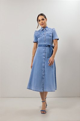 Vestido Chemise Midi 120 Cm Jeans Acompanha Faixa Laura Rosa - 810904