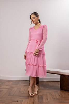 Vestido Midi 120 Cm Rosa Em Chiffon Acompanha Faixa Laura Rosa - 810969