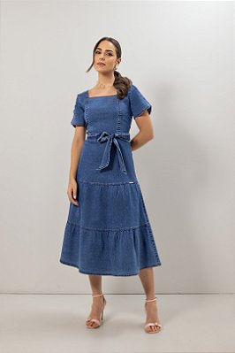 Vestido Midi 120 Cm Jeans Com Lastex Nas Costas Acompanha Faixa Laura Rosa - 810863