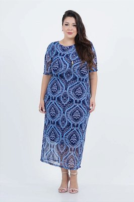 Vestido Plus Size Maxi Midi Estampado De Tons De Azul Em Tule Com Detalhe Drapeado - 252004