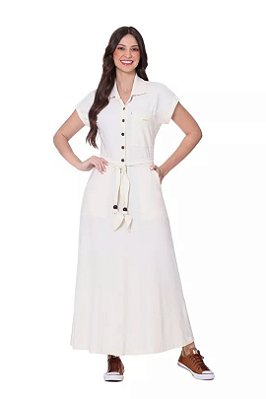 Vestido Maxi Midi Cru Em Piquet Com Botões Frontais E Acompanha Faixa Hapuk - 61883