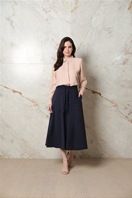 Saia Midi Azul Em Malha Stretch Cordão Com Ponteiras Dazul - 5628