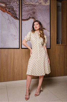 Vestido Cru Com Poá Verde Em Viscolinho Com Botões Frontais Dazul - 4718