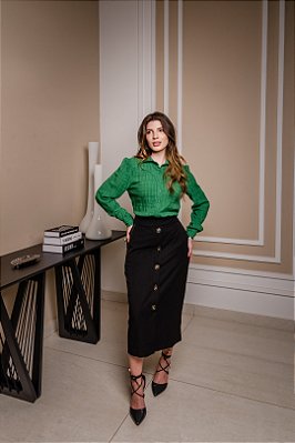 Saia Plus Size Midi Preta Em Alfaiataria Com Botões Frontais Decorativos Dazul - 5647