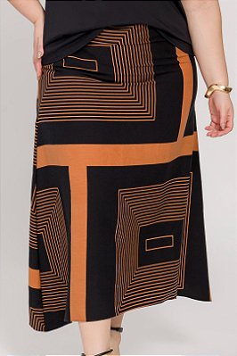 Saia Plus Size Midi Estampada Em Viscolinho Com Barra Assimétrica Lisamour - 201967