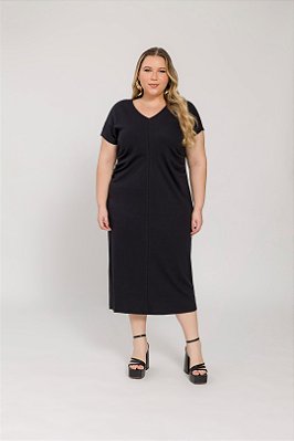 Vestido Plus Size Midi Preto Em Malha Com Detalhe Drapeado Lisamour - 202028