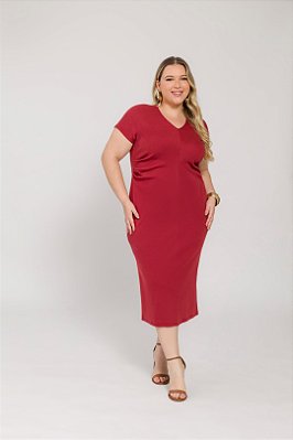 Vestido Plus Size Midi Marsala Em Malha Com Detalhe Drapeado Lisamour - 202028